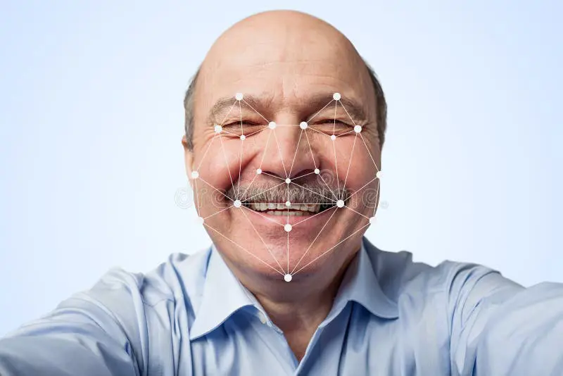 Idoso usando reconhecimento facial pelo celular